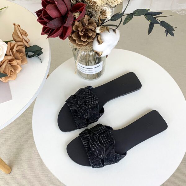 Black Rhinestone Flat Slippers