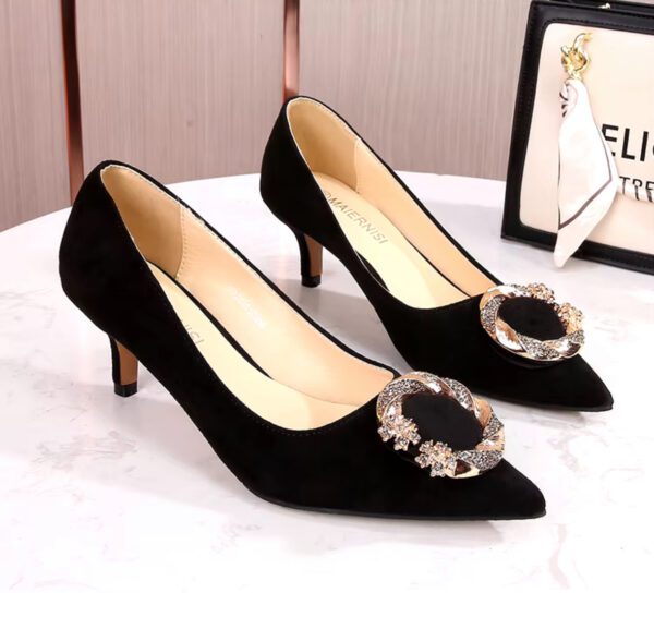 Black low heel covered shoe