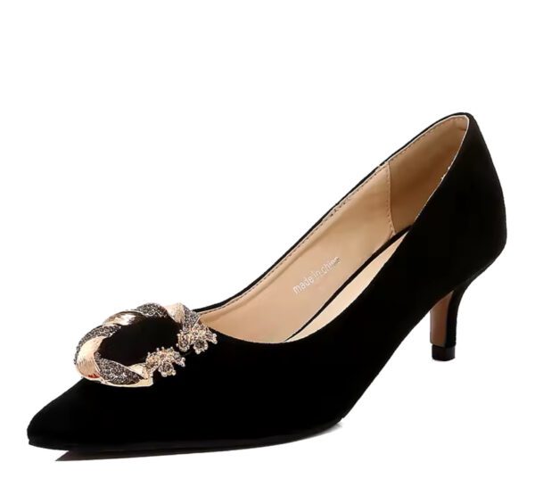 Black low heel covered shoe