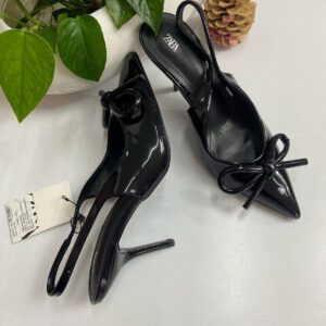 Black Vinyl Mid-Heel Slingback