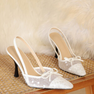 White Lace Mesh Mid Heel Slingback