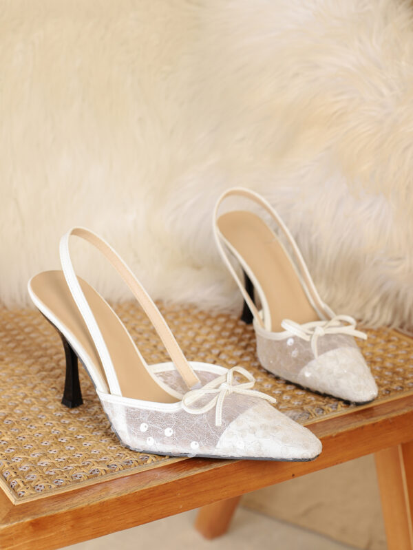 White Lace Mesh Mid Heel Slingback