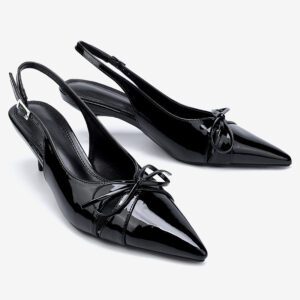 Black elite bow low heel slingback