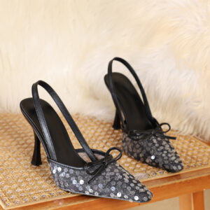 Black Sequin Mesh Mid Heel Slingback
