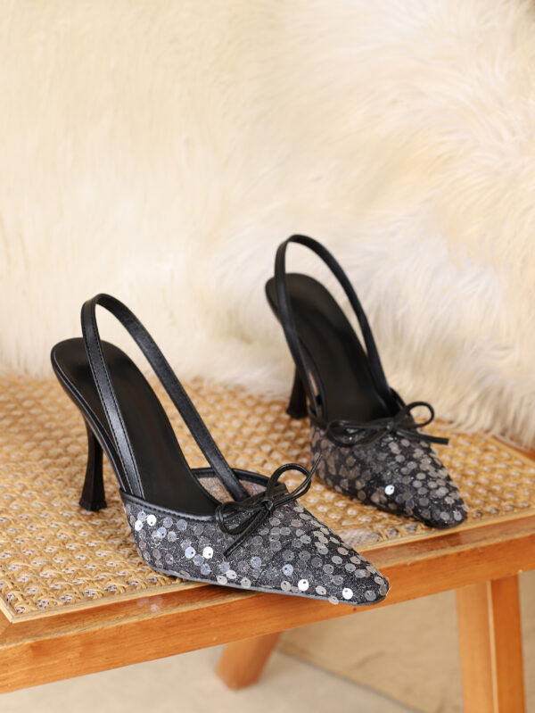 Black Sequin Mesh Mid Heel Slingback