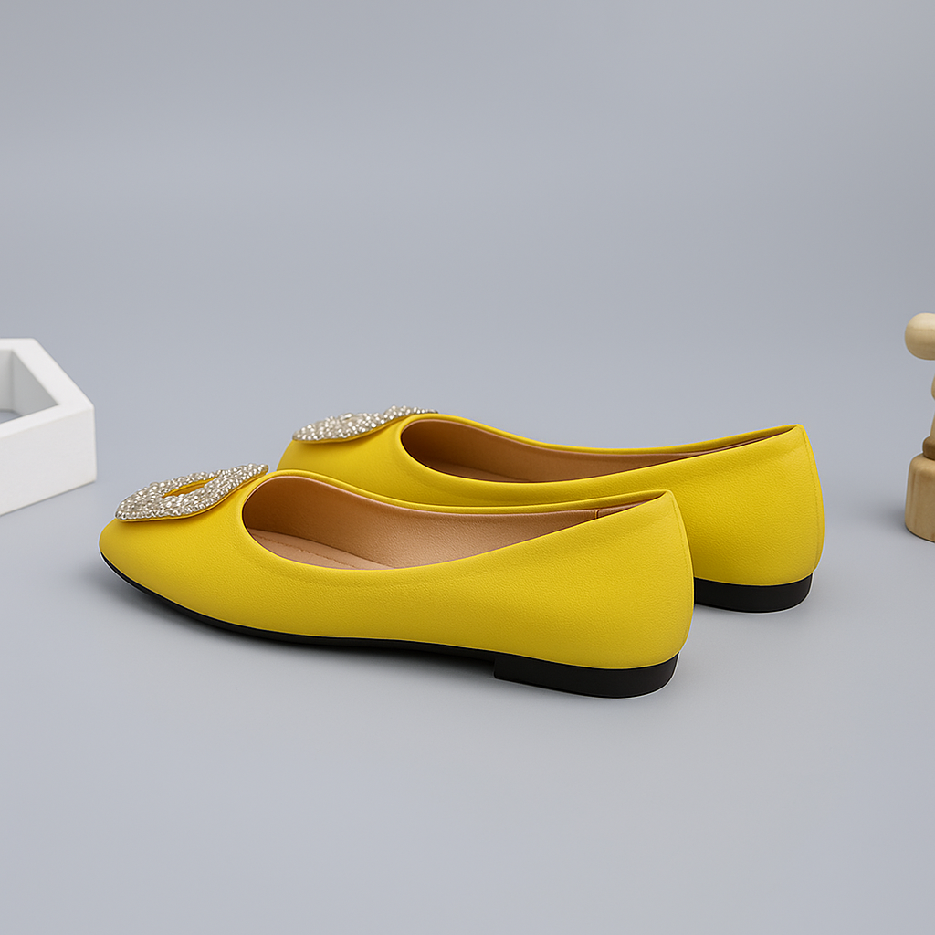 The Flat Yellow Cover Shoe adds a cheerful pop of color to your collection with its bright, elegant tone. Designed for comfort and ease, it features a full coverage design that keeps your feet secure while maintaining a chic, polished look. Ideal for both casual and semi-formal wear. Runs normal for slim feet, wide and full feet can take a size higher.