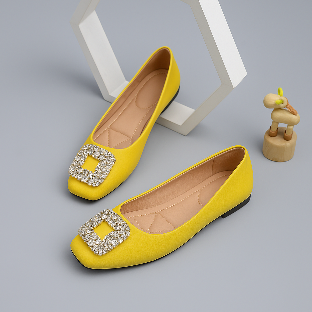 The Flat Yellow Cover Shoe adds a cheerful pop of color to your collection with its bright, elegant tone. Designed for comfort and ease, it features a full coverage design that keeps your feet secure while maintaining a chic, polished look. Ideal for both casual and semi-formal wear. Runs normal for slim feet, wide and full feet can take a size higher.