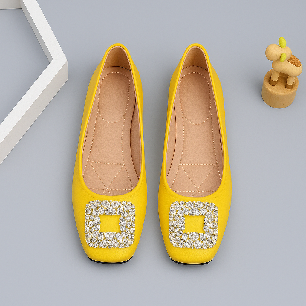 The Flat Yellow Cover Shoe adds a cheerful pop of color to your collection with its bright, elegant tone. Designed for comfort and ease, it features a full coverage design that keeps your feet secure while maintaining a chic, polished look. Ideal for both casual and semi-formal wear. Runs normal for slim feet, wide and full feet can take a size higher.