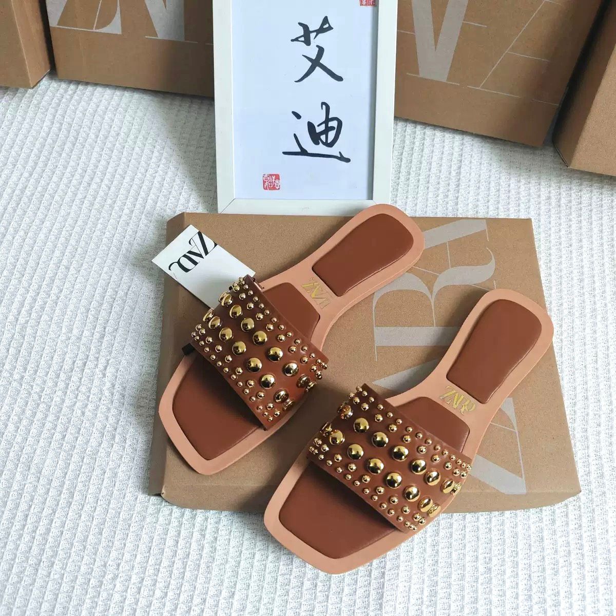 Flat Brown Slippers with Gold Studs - Image 2